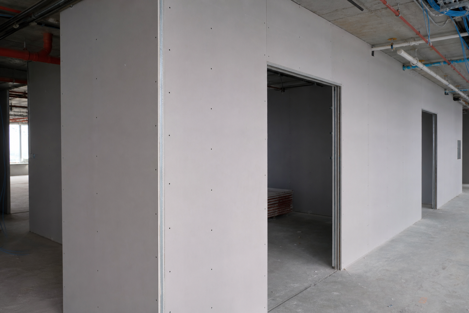 Fire-rated partition board installation at hold point