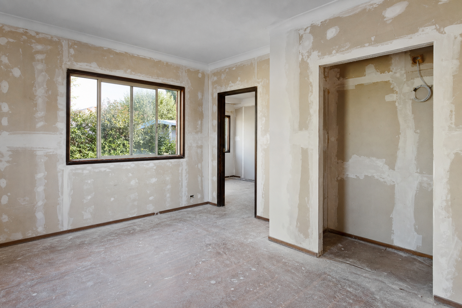 Renovation room prepared for skim coat levelling